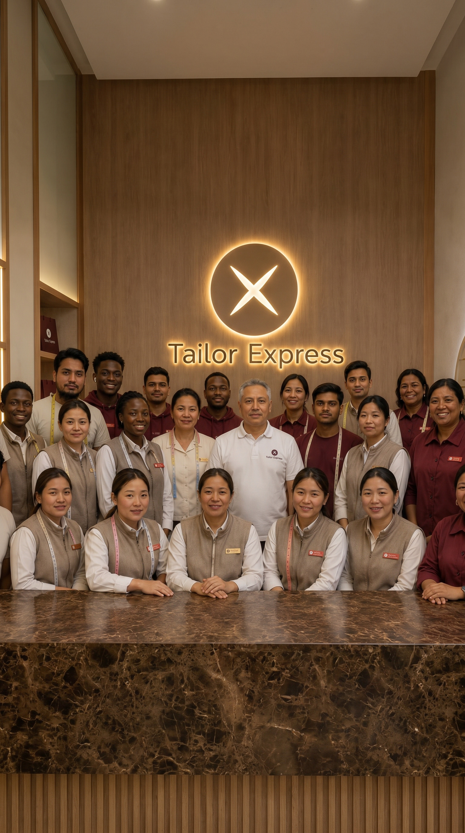 The Tailor Express team in front of the brand wall at the flagship branch in Kuwait
