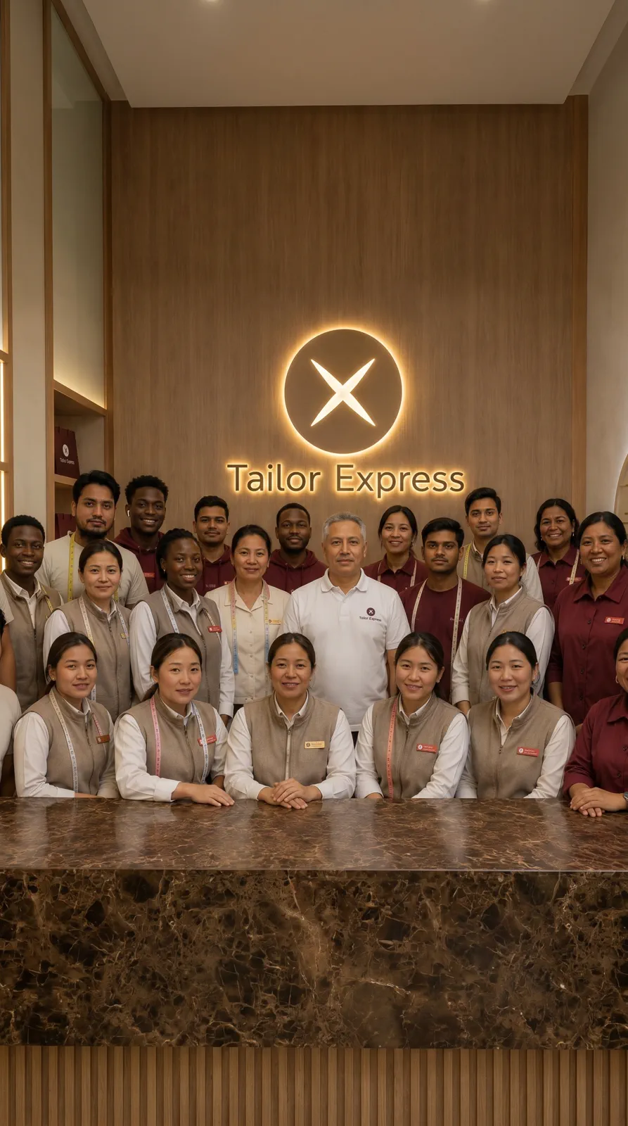 The Tailor Express team in front of the brand wall at the flagship branch in Kuwait